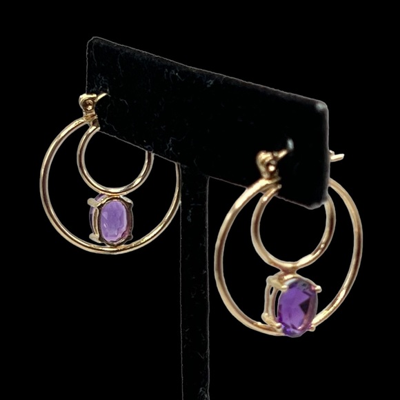 14k Solid Gold Amethyst Double Hoop  Earrings - Picture 9 of 15